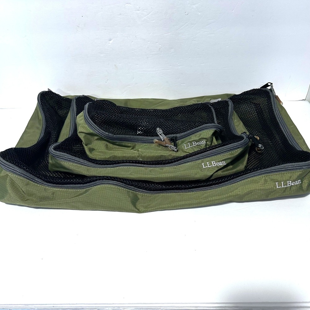 LL Bean Packing Cube Set Unisex OS Olive Green 3 Piece Ripstop Nylon Travel Gear